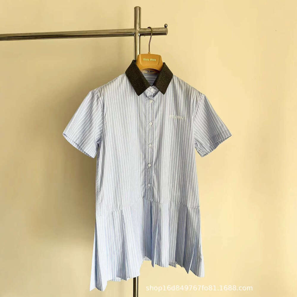 Mm24 Autumn/Winter New Collection Micro Label Embroidered Collar Buckle Thin Stripe Short Shirt Skirt Series