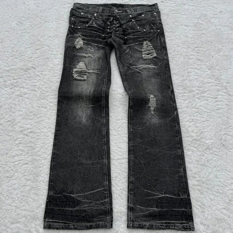 Y2K Washed Jeans Gothic Vintage Micro Flared Double Waisted Black Denim Pants Mens Street Clothing High Quality n Trousers 250312