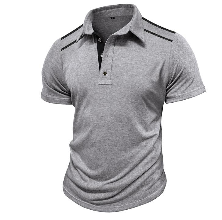 XXL Summer Fashion T-Shirts Men's Short-sleeved Lapel Button Light Blue Retro Color Matching Shirt Tshirt Shirt MALE Polyester Tops Tees Light Gr