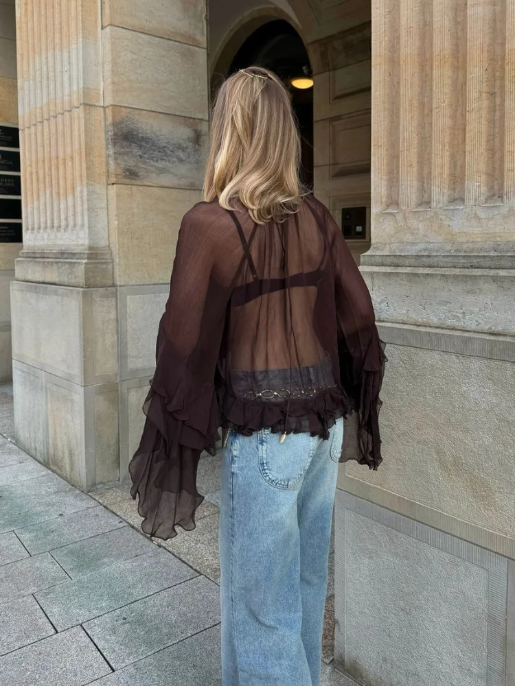 See through the folds at the hem of the laminated womens mesh shirt round neck plaid long sleeved loose shirt summer spring womens fashion top 250314