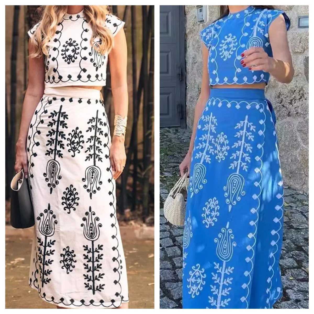 Two Piece Dress Cotton and linen printed top two-piece set for women shoulder pads Slvel crop top lace top womens summer beach set Y250315W0WU
