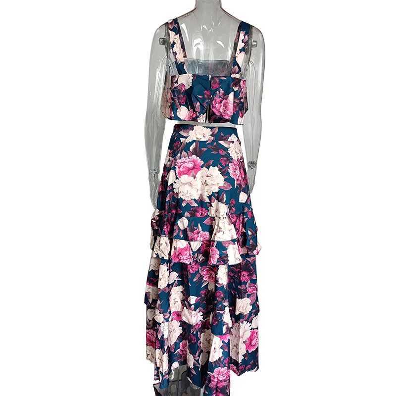 Two Piece Dress 2025 Autumn New Beach Resort Style Printed Two-piece Suspender Top Cake Skirt Long Skirt Suit for Women Womens Two Pieces Set Y2503156