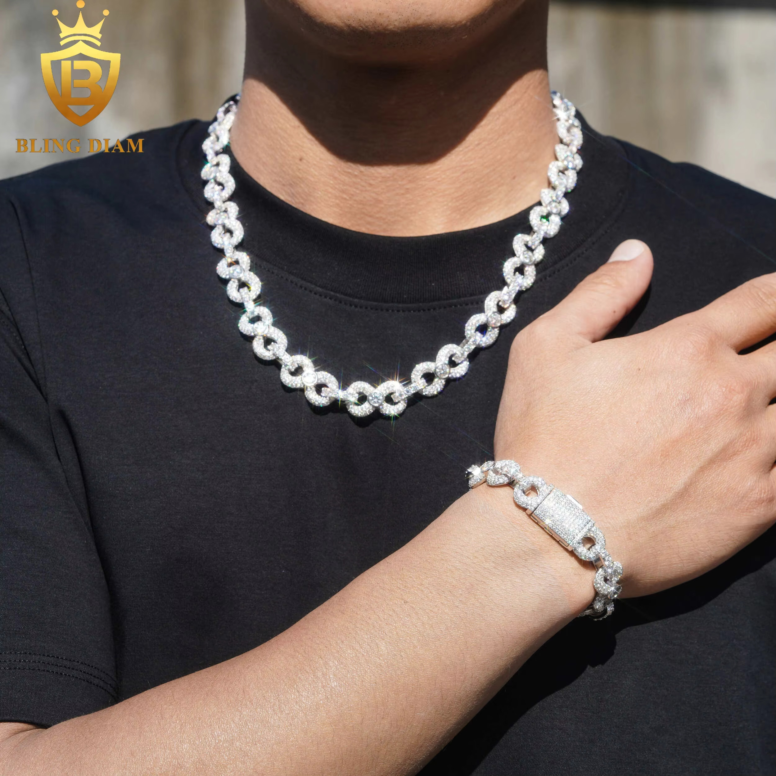 13mm 925 Sterling Silver Rapper Style Hip Hop Cuban Link Chain VVS Moissanite Diamond Necklace and Bracelet