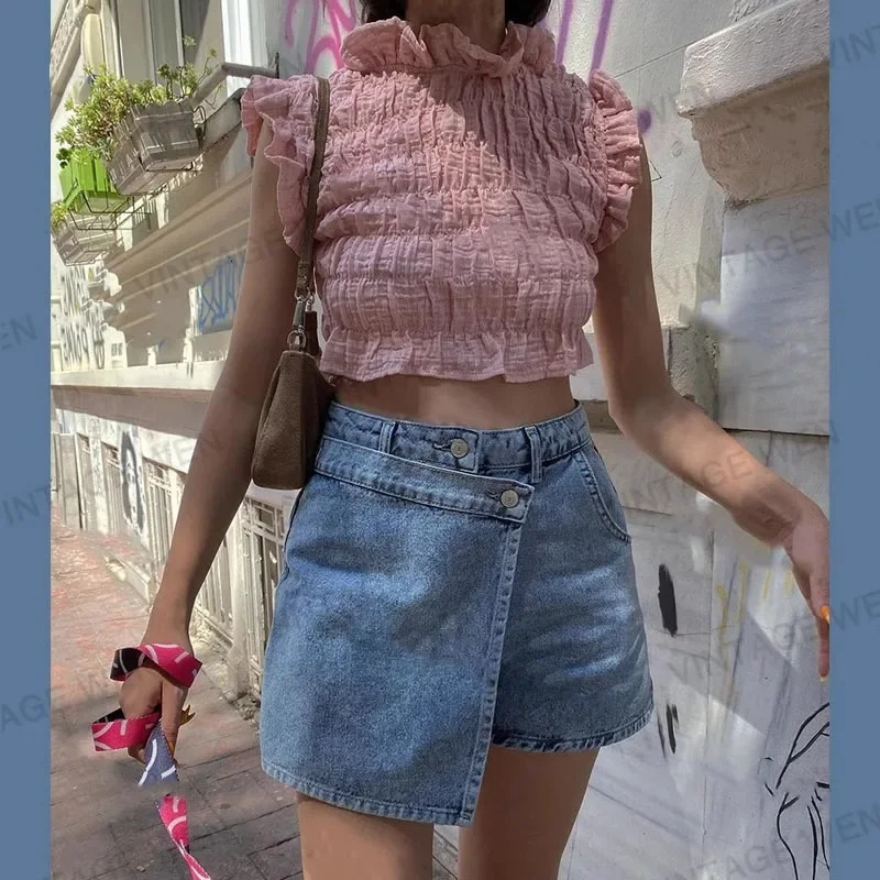 Vintage Blue Denim Mini Dress American Style Sensibility Womens Summer European Design Short Skirt Unique Chenille PU M 250312