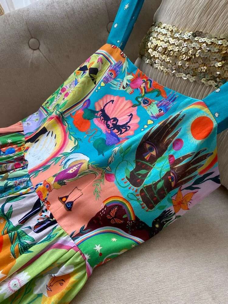 2025 New Fashionable Holiday Layered Ruffle Cake Skirt Designer Fashionable Women's Spaghetti Strap Cartoon Printed Holiday Party Tank Top4