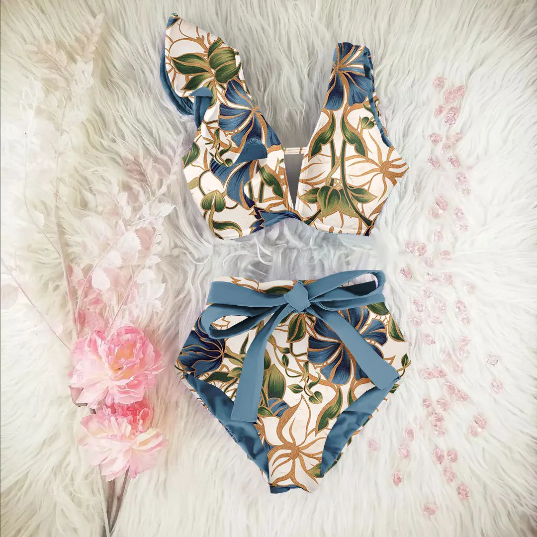 Bikini Floral Ruffle Bikini Set Womens V-neck High Waist Two Piece Swimsuit Womens Beach Swimsuit 250314