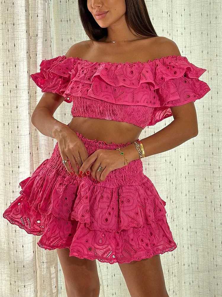 Two Piece Dress TWOTWINSTYLE Slimming Two Piece Sets For Women Slash Neck Short Slve Top High Waist A Line Skirt Summer Casual Set Female New Y2503155