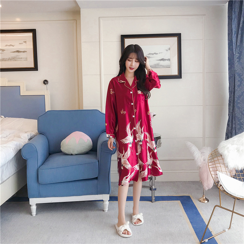 B171-Spring and autumn new ice silk pajamas women's long-sleeved crane plus-length nightdress imitation silk sexy ice silk large size home clothe