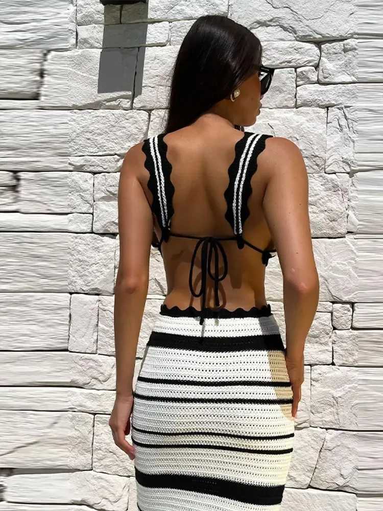 Two Piece Dress Summer Knitted Beach Skiing Set Womens Sexy Back Ultra Thin Bohemian Dress Fashion Striped Holiday Two Piece Set Womens Beach Wear Y25