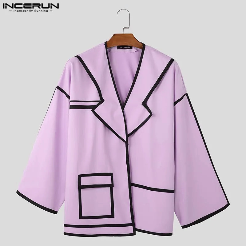INCERUN Tops American Fashion Mens Patch Work Line Personalized Set Coat Casual Street Clothing Loose Long Sleeve Jacket 250314