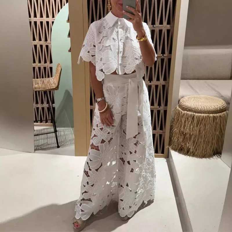 Women's Two Piece Pants Spring Embroidery Hook Flower Hollow Crochet Set Women 2 Pieces Polo-Neck Button Tops+Wide Leg Pants Outfits Sexy Lace Fa