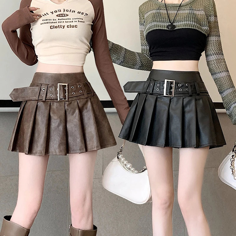 Womens Gothic Aline Pleated Leather Mini Skirt Y2k Punk Shorts Skirts Harajuku Korean Emo 2000s Vintage Clothes Summer 250312