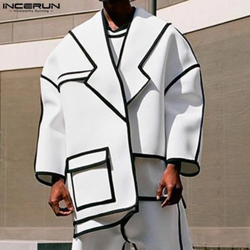 INCERUN Tops American Fashion Mens Patch Work Line Personalized Set Coat Casual Street Clothing Loose Long Sleeve Jacket 250314