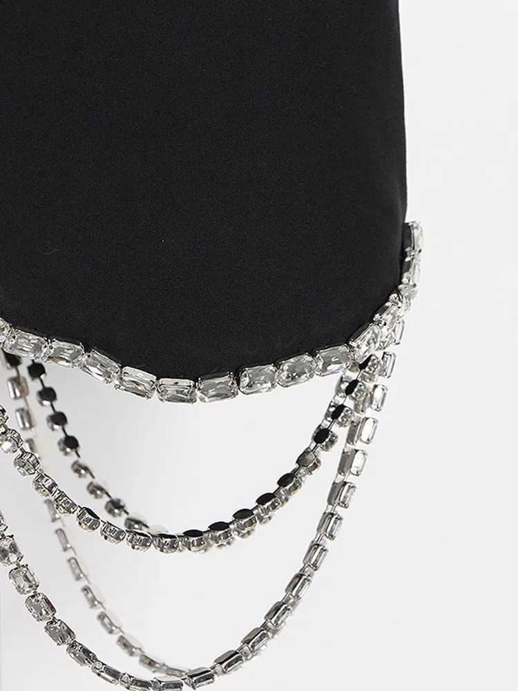 Two Piece Dress TWOTWINSTYLE Spliced Diamonds Two Piece Sets For Women Lapel Long Slve Tops High Waist Skirt Sexy Set Female Fashion Clothing Y250315D