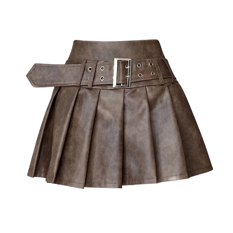 Womens Gothic Aline Pleated Leather Mini Skirt Y2k Punk Shorts Skirts Harajuku Korean Emo 2000s Vintage Clothes Summer 250312