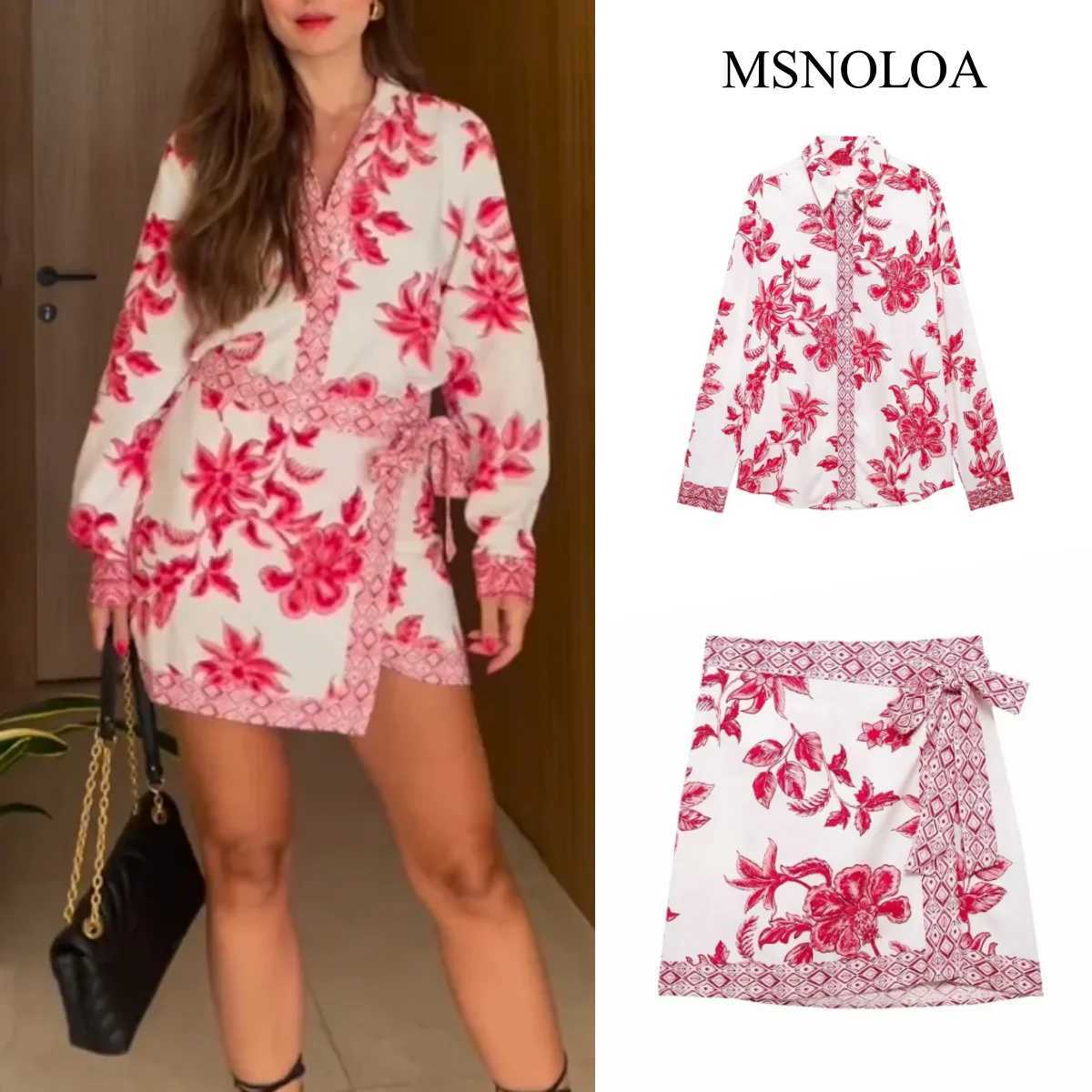 Two Piece Dress 2025 MSNOLOA Summer New Womens Retro Emblem Pattern Flower Print Shirt Hollow Flower Mini Wrap Skirt Y250315BF0W