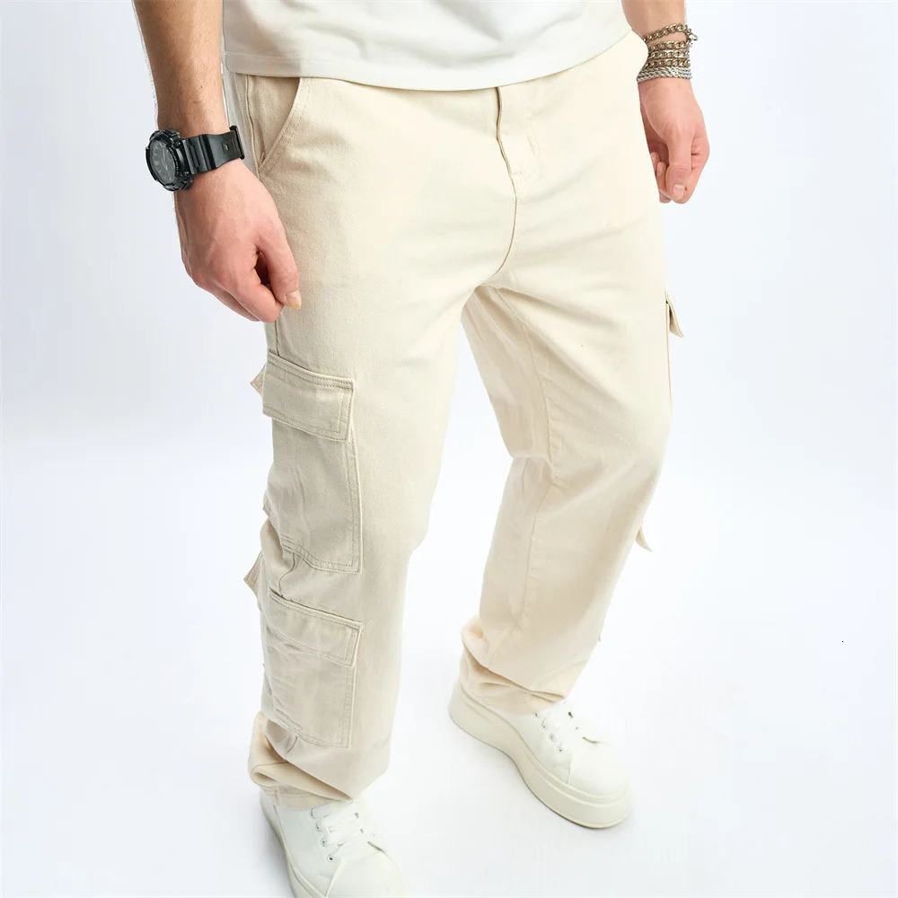 Streetwear Men Multiple pockets Cargo Loose Jeans Trousers Good Quality Male Stylish Straight Casual Denim Pants 250312