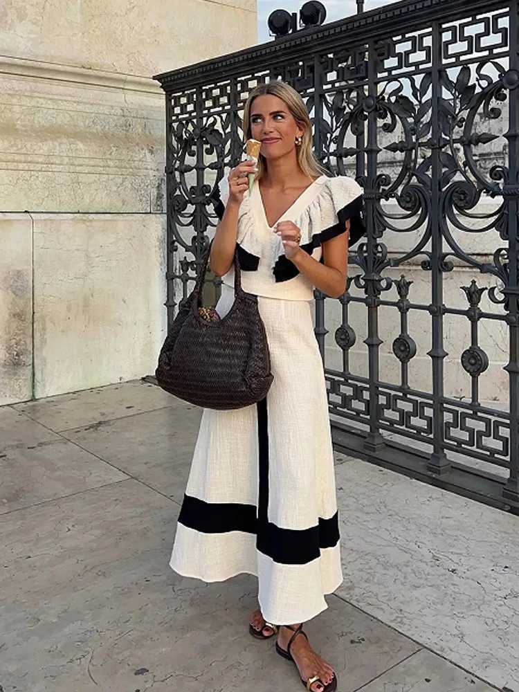 Two Piece Dress Fashion Patchwork Long Skirt Sets For Women Summer Elegant V-neck Fly Slve Cropped Tops High Waist A-line Skirts 2 Pieces Sets Y250315