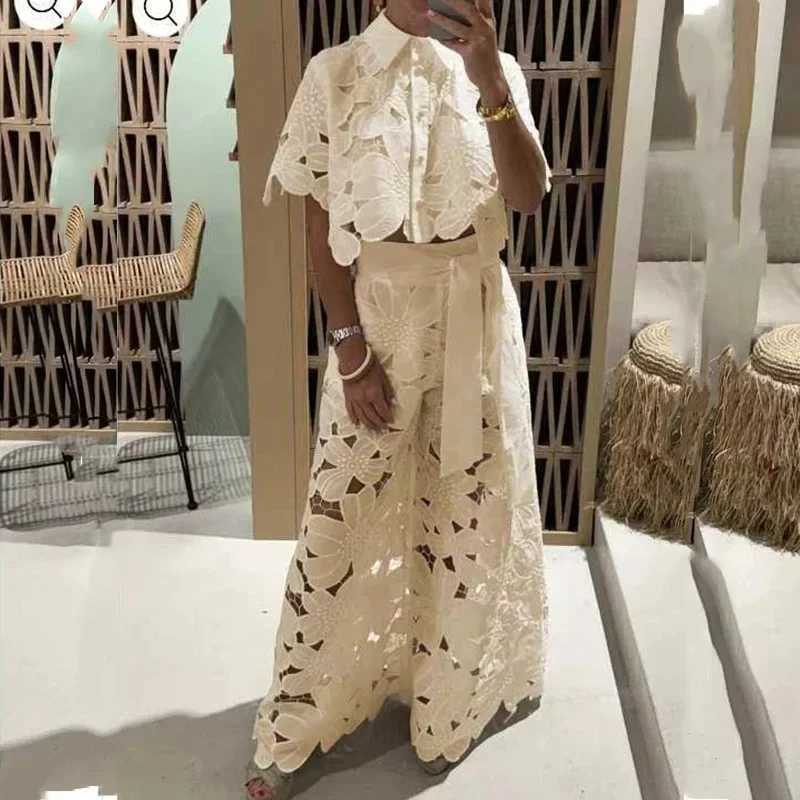 Women's Two Piece Pants Sexy womens lace embroidery hook flower hollow 2-piece summer warm solid color custom collar top+wide leg pants set Y2503