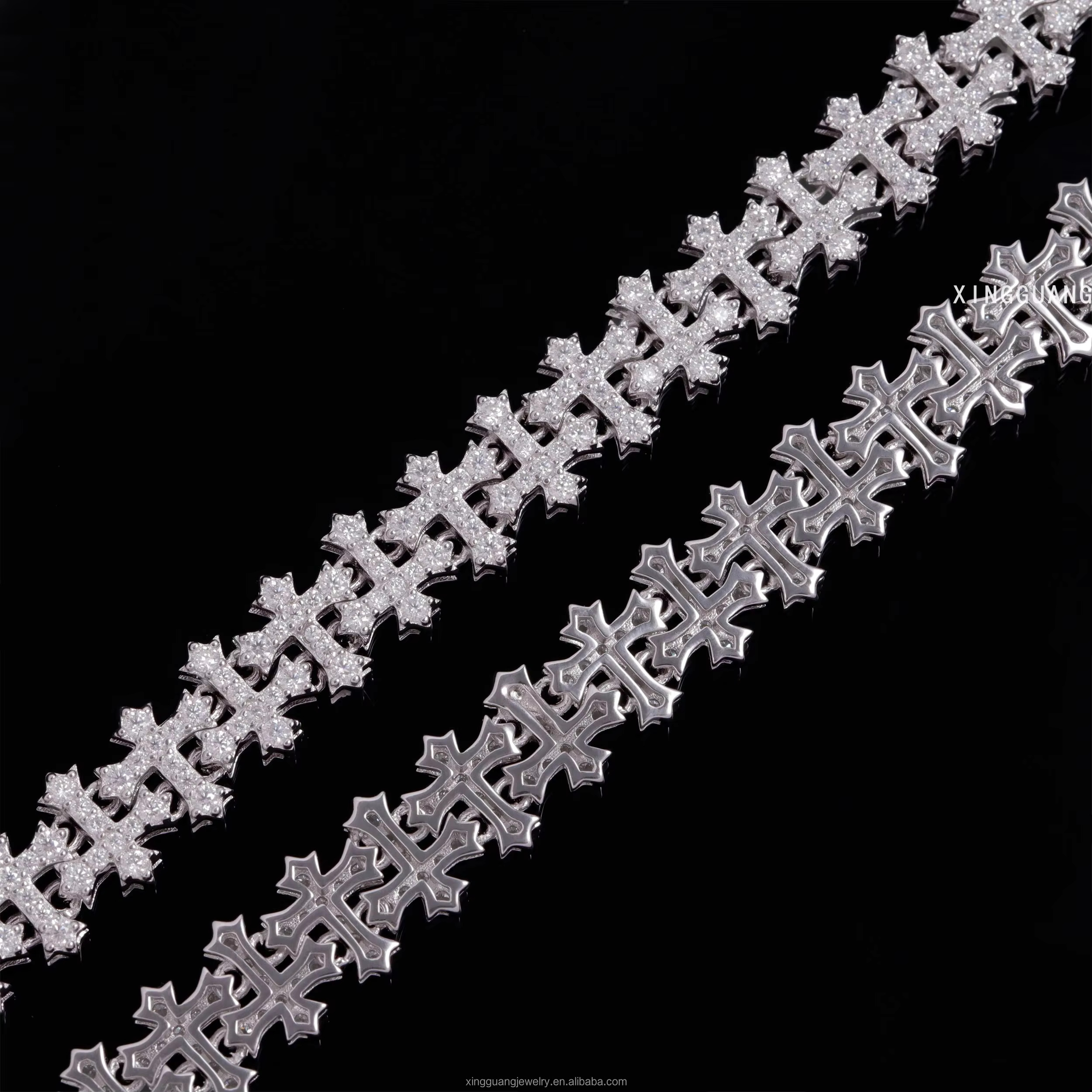 Fashion Best Selling Prong Setting 18k White Gold Plated Iced Out Jewelry Moissanite Diamond Hip Hop Cross Cuban Link Bracelet