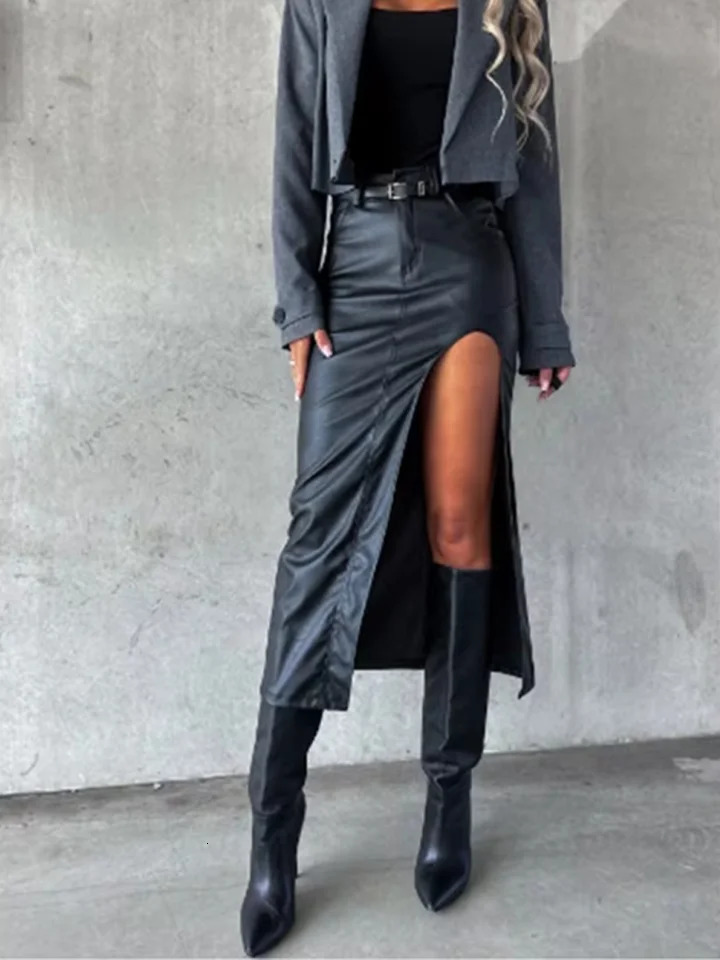 Womens Mid Pu Leather skirt solid Color slit sexy Hip Hugging High Street Party Fashion Punk Style Autumn Skirt 250312