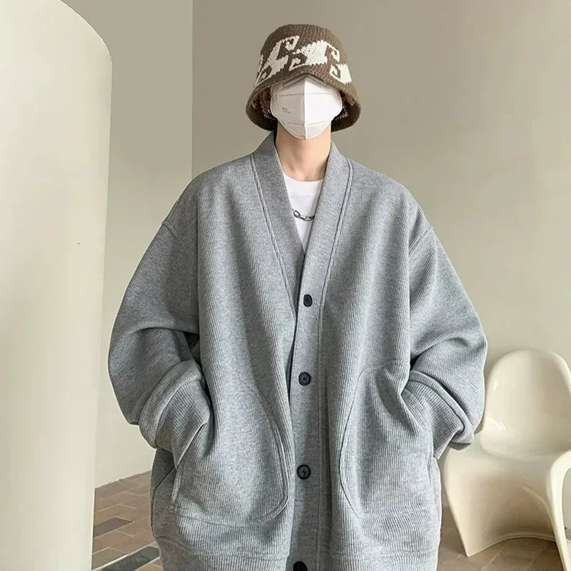 2024 Korean Fashion Cardigan For Men Autumn Solid Color Y2K Streetwear Sweatshirts Casual Vintage Loose Jackets Sweaters 250311