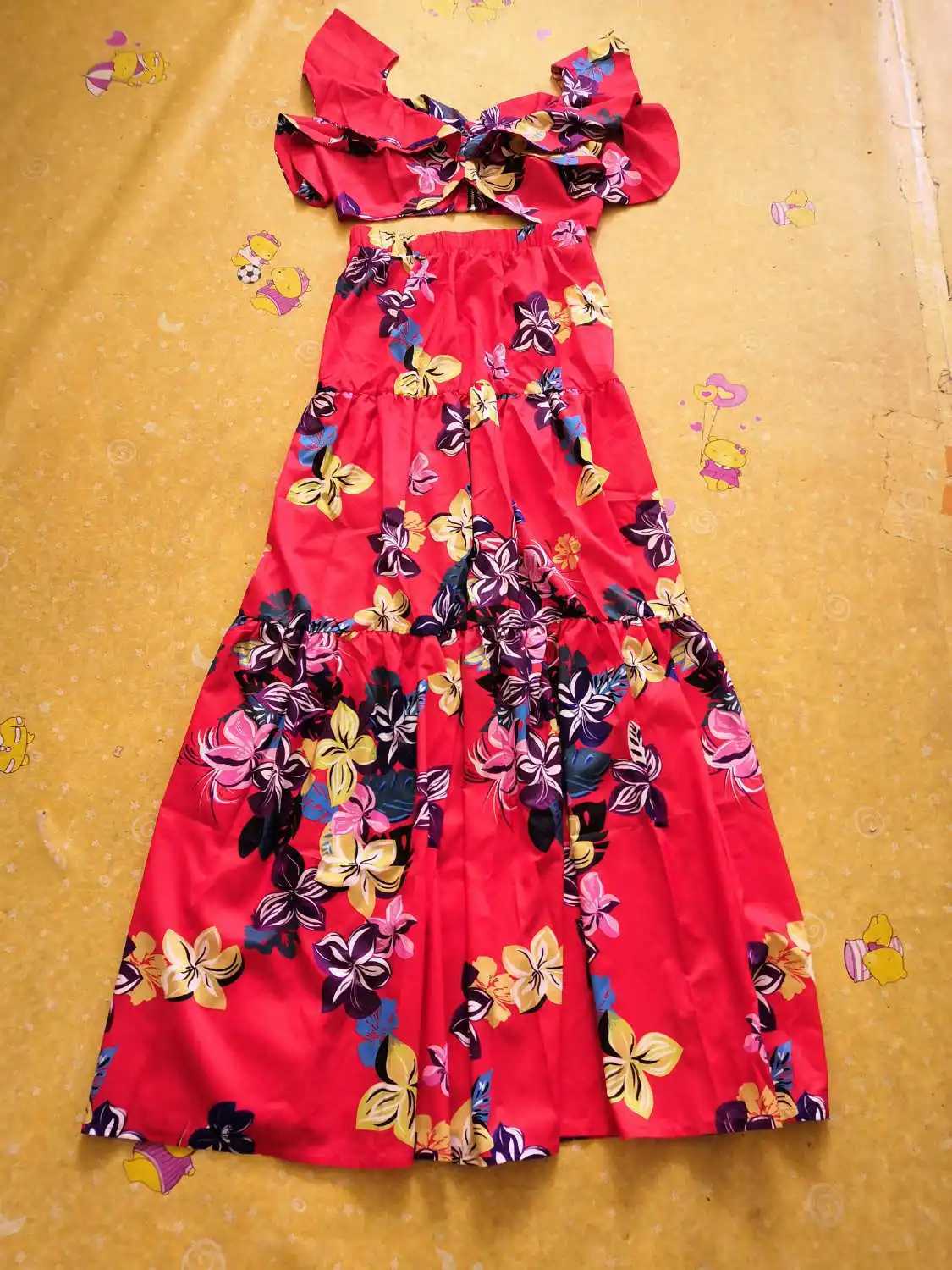 Two Piece Dress Summer 2-piece womens floral bodysuit sexy cut top+maxi Dr long pleated bodysuit bohemian clothing womens set Y2503150X4U