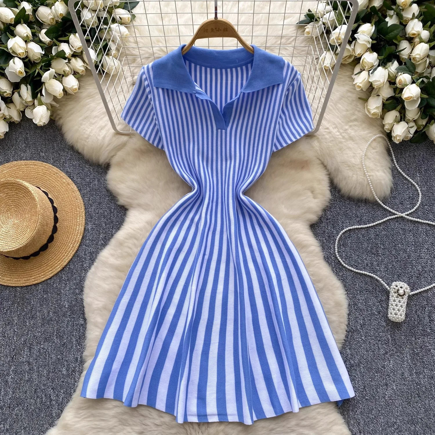 YuooMuoo Chic Fashion Y2K A-line Short Dress Women Short Sleeve Casual Striped Knitted Summer Dress Streetwear Ladies Dresses 250314