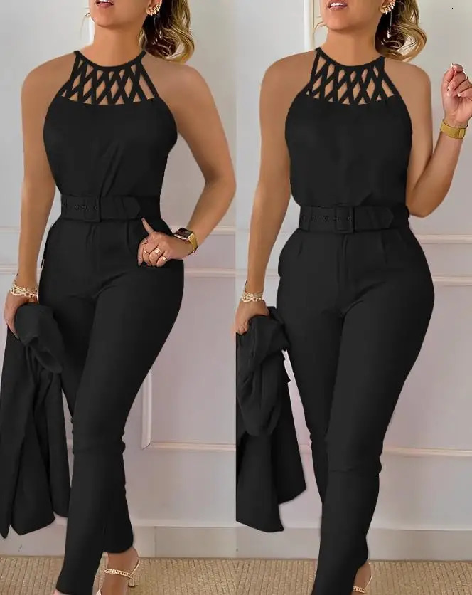 Two Piece Set Women Outfit Summer Fashion Hollow Out Round Neck Sleeveless Tank Top Casual Pocket Daily Pants Set 250314