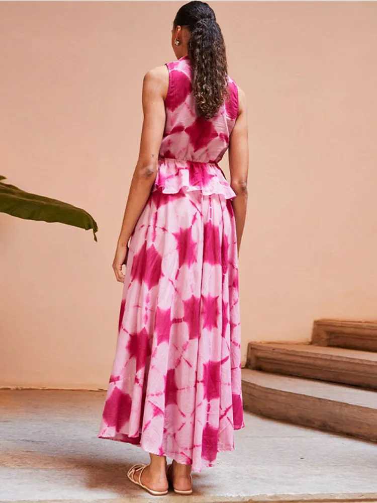 Two Piece Dress Fashion Print O-neck Single-breasted Vest Long Skirt Set Women chic Slvel Lace Up Top Suit New Lady Summer Strt Outfits Y250315ZCLE