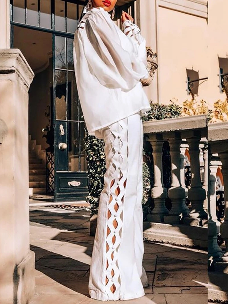 Sexy hollow two-piece pants set womens spring outfit stand collar lantern sleeve shirt pants set casual two-piece set 250314