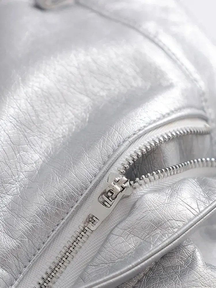 TRZA Women Fashion Front Pockets Faux Leather Silver Mini Skirt Vintage High Waist Zipper Fly Female 250312