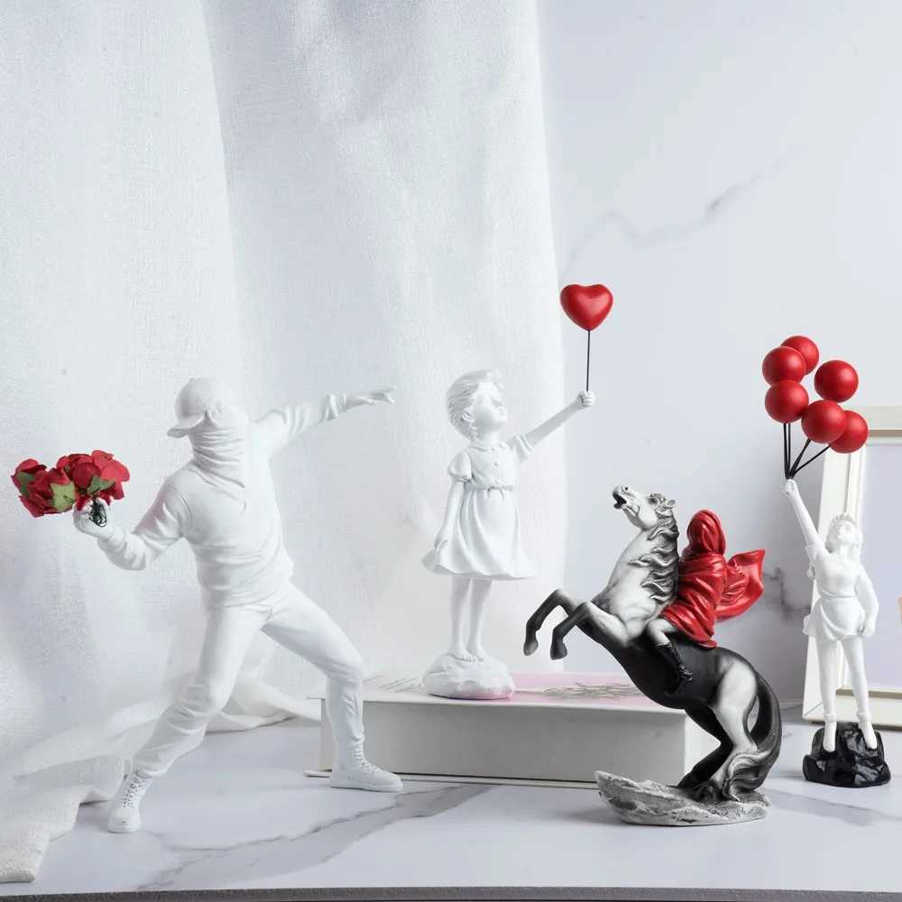 Vilead Banksy Sculpture Collection Flower Throwing Statue Pop Art Modern Balloon Girl Statue Office Home Decoration Street Y250315
