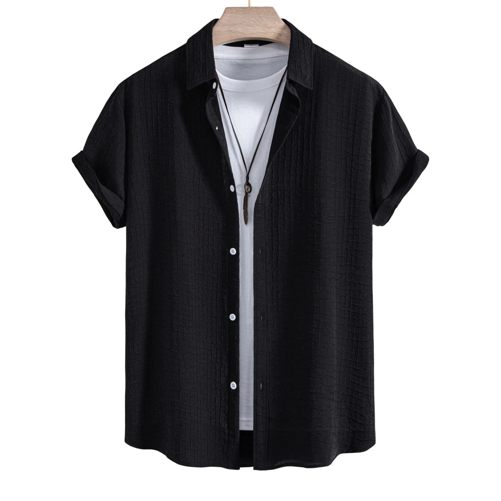 Mens Casual Waffle Shirt Suit Two Piece Solid Short Sleeved Shirt And Shorts Suit Harajuku Casual T-Shirt And Shorts Set 250314
