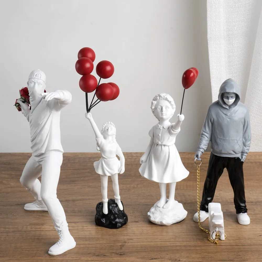 Vilead Banksy Sculpture Collection Flower Throwing Statue Pop Art Modern Balloon Girl Statue Office Home Decoration Street Y250315