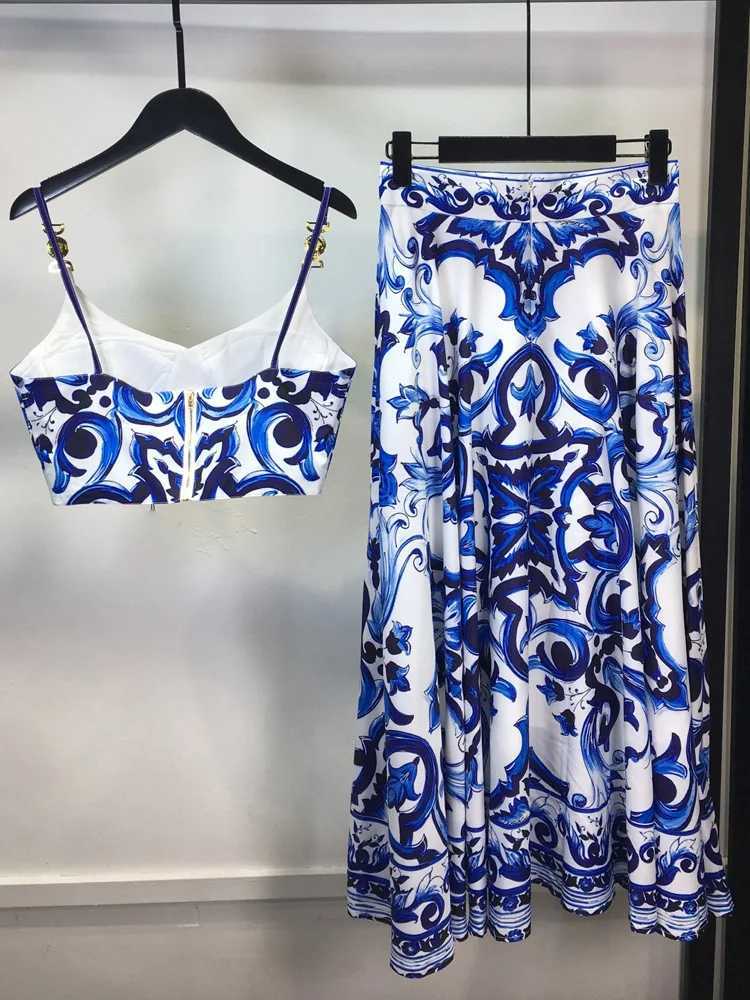Two Piece Dress Banulin Bohemain Blue and White Ceramic Tile 2piece Set Womens spaghetti shoulder strap gold button vest topprinted long sleeved bodys