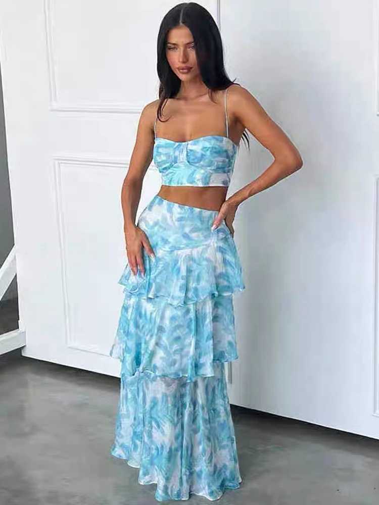 Two Piece Dress LGRQ corset packaging printing Sleve backing splicing irregular pull-out ski suit beautiful party costume 2-piece set for summer 2025 