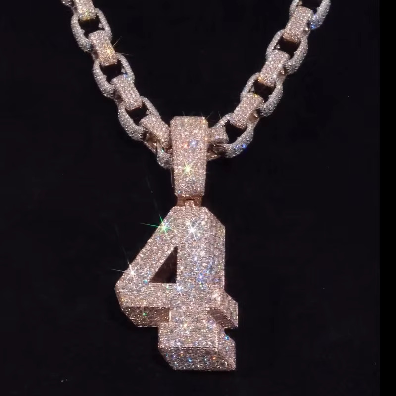 Custom Moissanite Jewelry 925 Sterling Silver Rose Gold Plated Hip Hop Moissanite 3D Number Pendant Cuban Chain Necklace