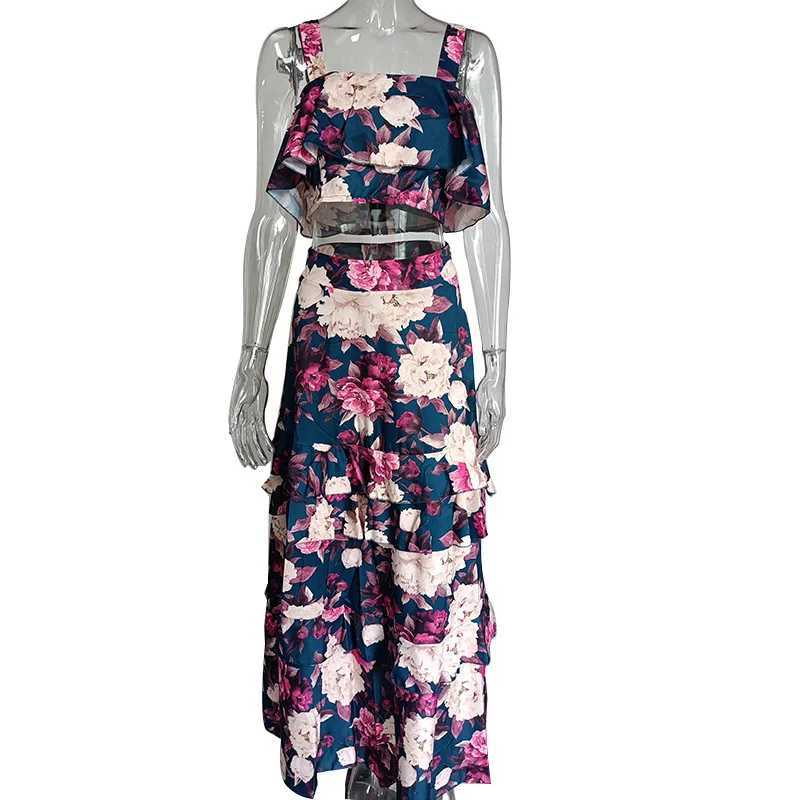 Two Piece Dress 2025 Autumn New Beach Resort Style Printed Two-piece Suspender Top Cake Skirt Long Skirt Suit for Women Womens Two Pieces Set Y2503156