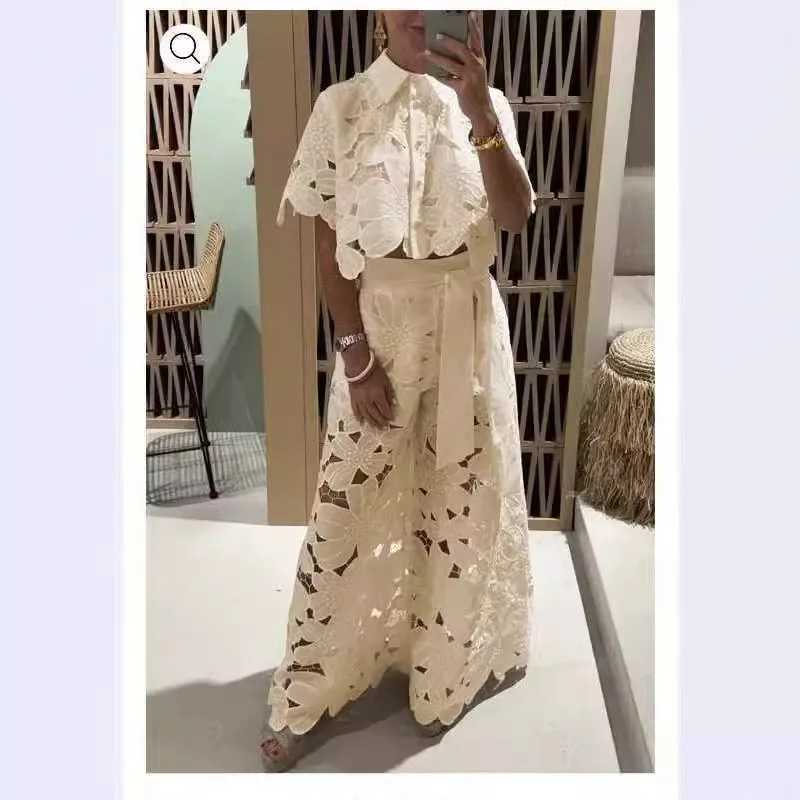 Women's Two Piece Pants Autumn fashion lace two-piece set for womens casual solid lace top wide leg pants two-piece set for women Y250315NZBO