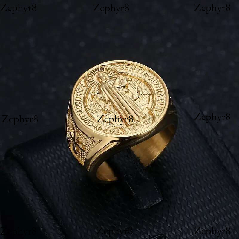 2025 New model Titanium Steel Catholic Patron Saint St Benedict of Nursia Holy Medal Cross Round Finger Rings for Men Punk Jewelry