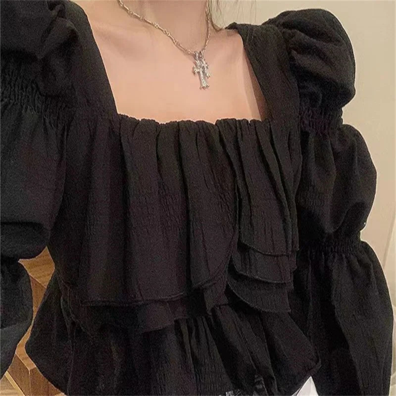Elegant Fairycore Allmatch Long Flare Sleeve Shirt Blouse Ruffles Crop Top Sweet Korean Casual Purple Fashion Ladies 250312