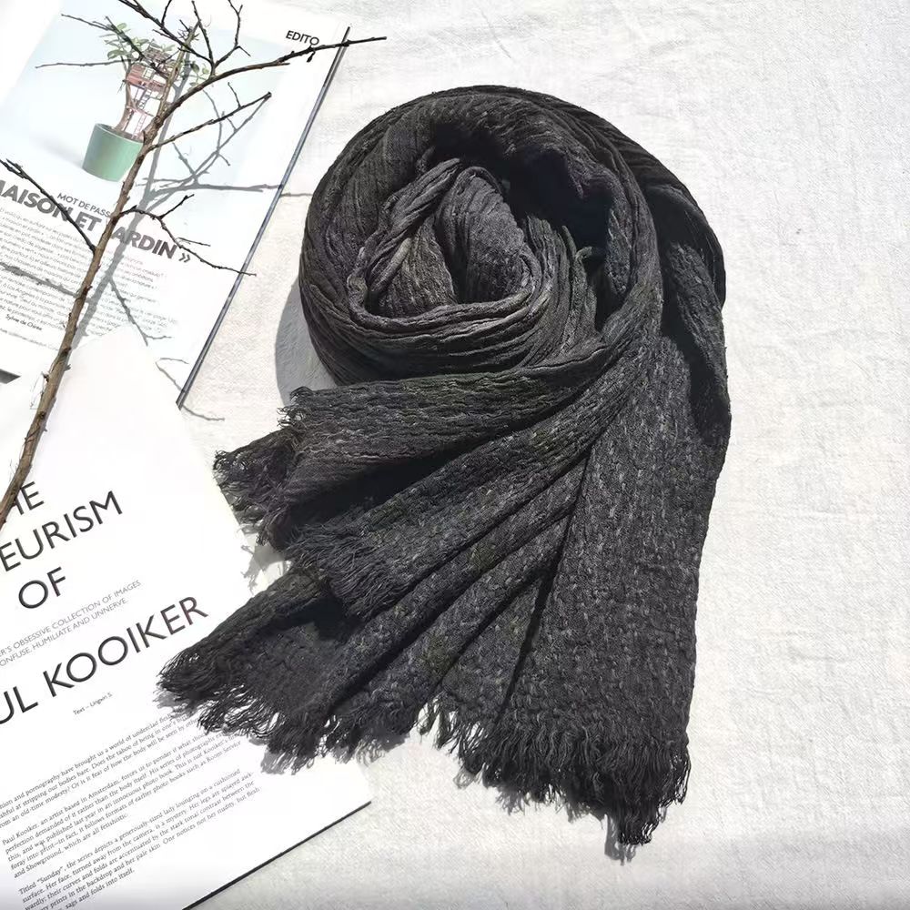 T296 Spring and Autumn Winter Thin Scarf Zen Retro Ruffled Edge Dark Tone Pure Color Cotton Neutral Style Art Scarf