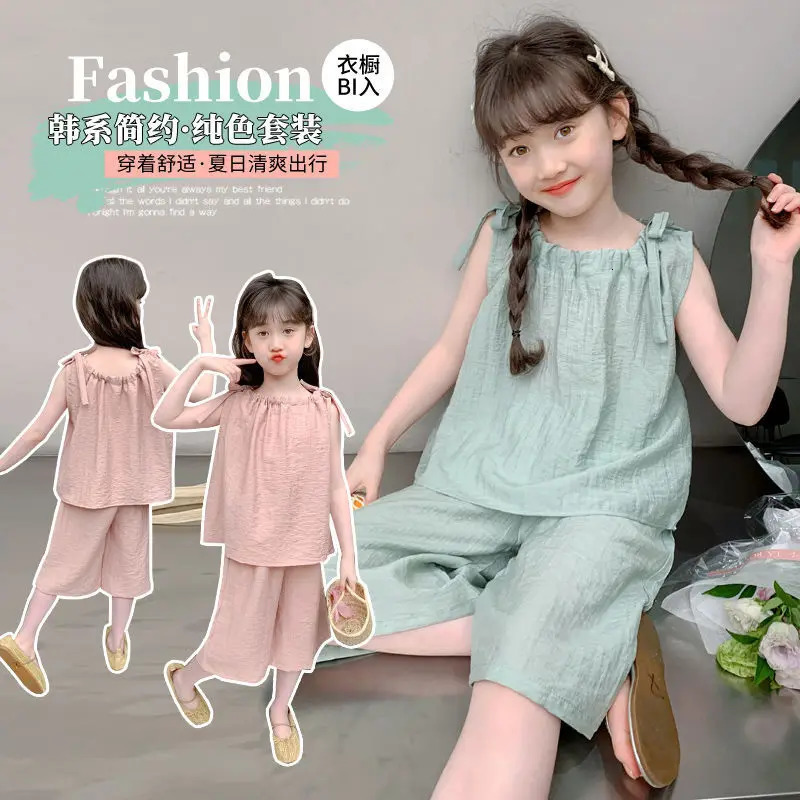 Summer 2025 childrens clothing girls lace Tshirts vests tops corsets and shorts youth casual 3 8 10 12 years 250312