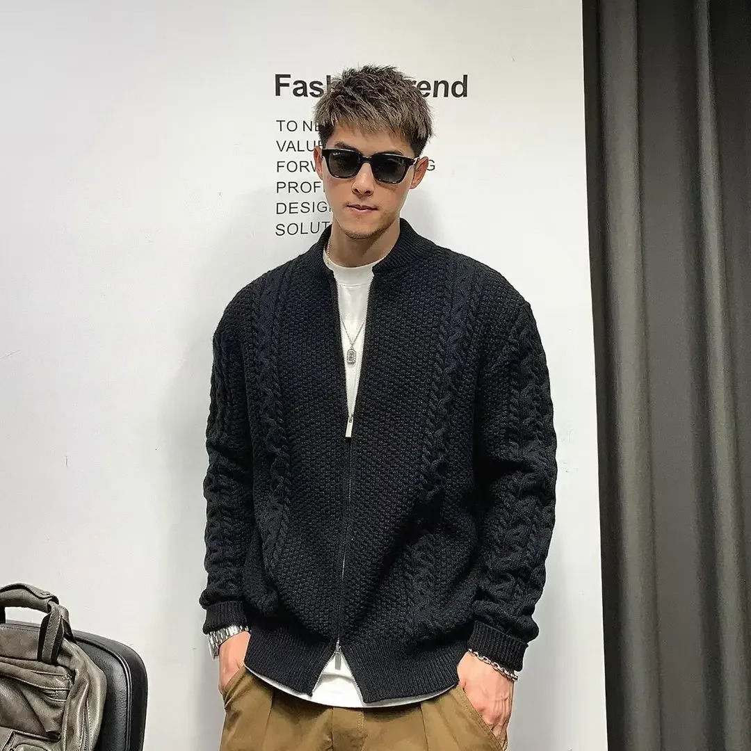 Mens knitted sweater cardigan motorcycle mens coat zipper jacket hooded sweatshirt Korean fashion 90s retro style S 250311