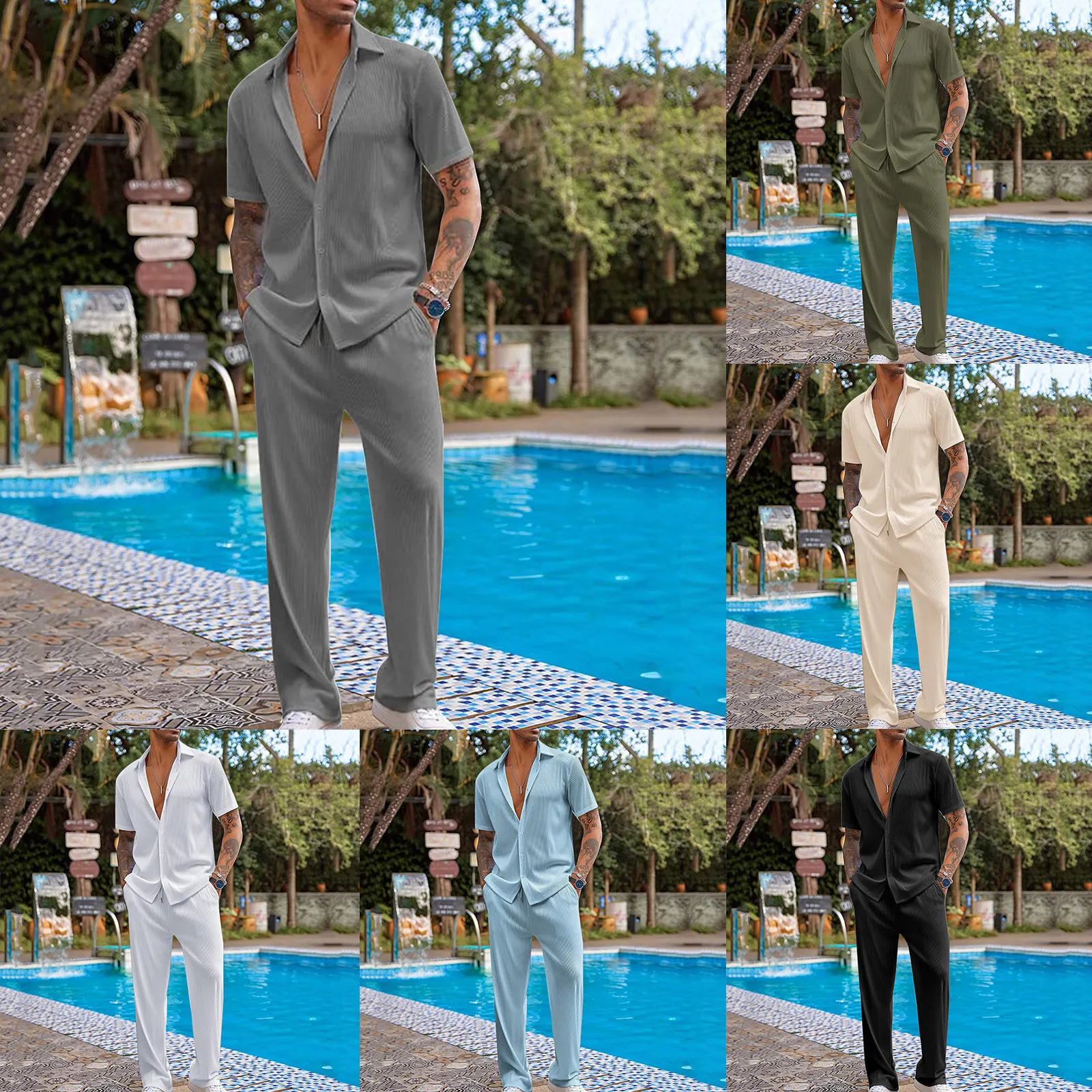 Loose casual suit mens two-piece solid color short sleeved shirt long pants Spring and Autumn fashion casual clothing 250314
