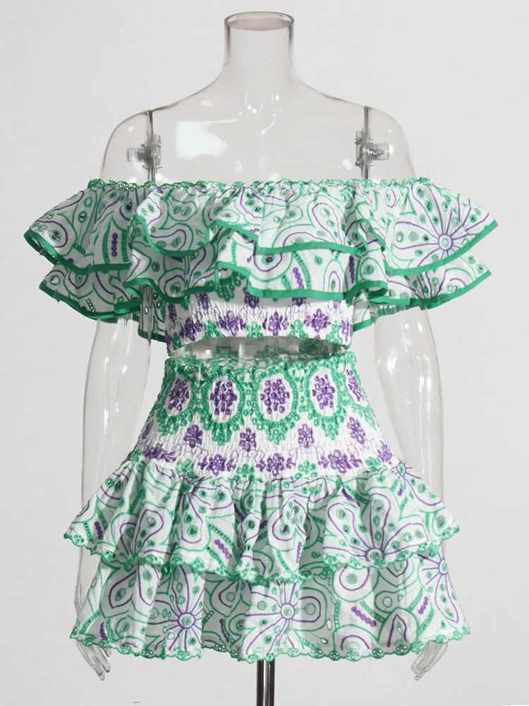 Two Piece Dress TWOTWINSTYLE Slimming Two Piece Sets For Women Slash Neck Short Slve Top High Waist A Line Skirt Summer Casual Set Female New Y2503155