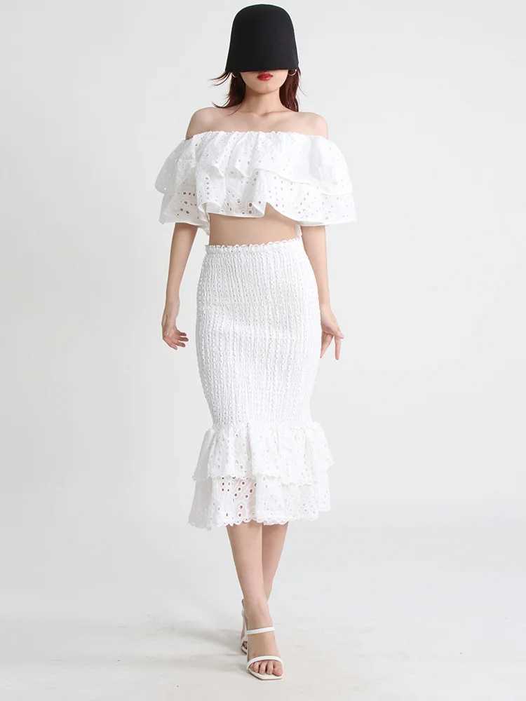 Two Piece Dress TWOTWINSTYLE Two Piece Set For Womens Slash Collar Short Slve Hollow Out Top High Waist Bodycon Skirt Elegant Sets Female New Y250315S