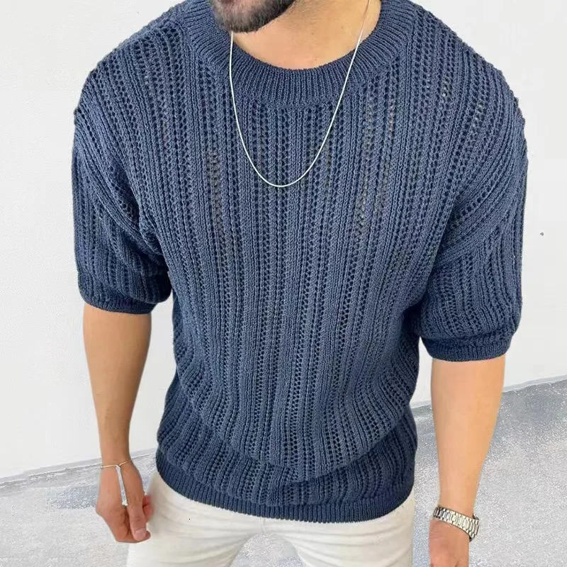 Spring Knitting Custom Tees Sweater For Men Slim Fit O-Neck Solid Hollow Mesh Man Pullover Autumn Long Sleeve Stretch Tops 250314