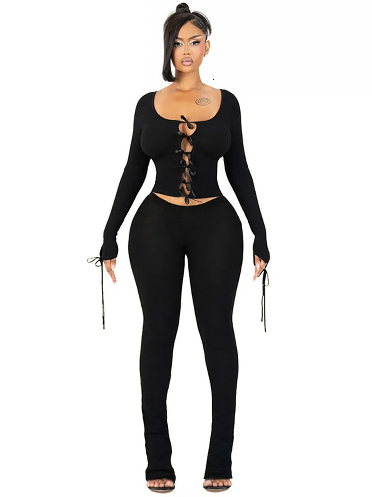 Weird Puss Bow Lace-Up 2 Piece Set Women Square Collar Hollow Full Sleeve Crop Tops Skinny Pants Matching tie Hipster Suits 250314